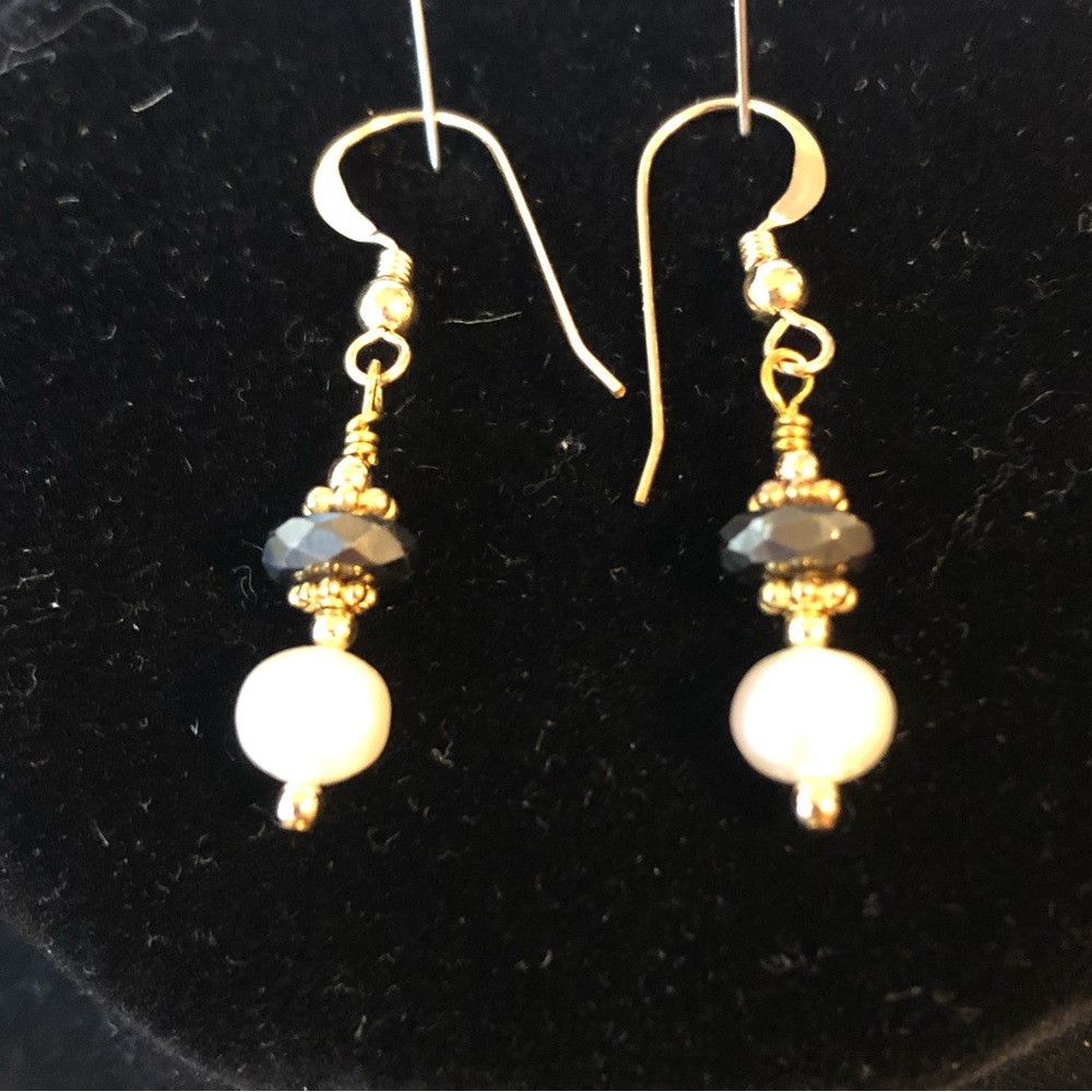 New Pearl and Faceted Hematite Drop Earrings on Gold Filled Ear Wires